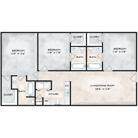 Floor plan for 3 beds, 3 baths, 1182 sqft